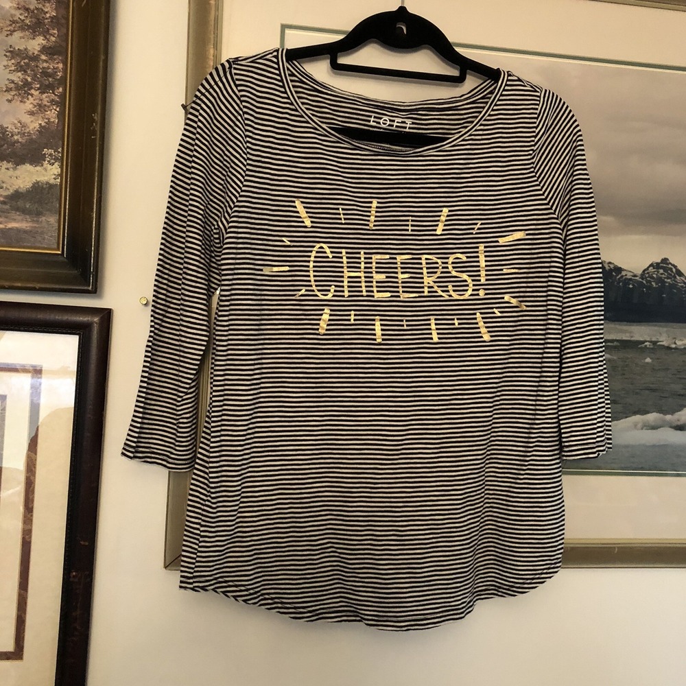 Loft Black White Stripe Gold Cheers Vintage Soft Top Sz M a1071